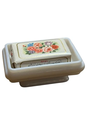 Vtg Avon Country Garden Soap Dish Milk Glass Holder w Soap Bar Floral Bathroom