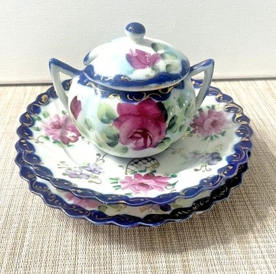 Antique Nippon Kane Toku Hand Painted Floral & Moriage Gold Sugar Bowl & Plates