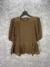 Nanette Lepore Blouse Womens Medium Black Tan Polka Dot Sheer Peplum NW2H14ZX3