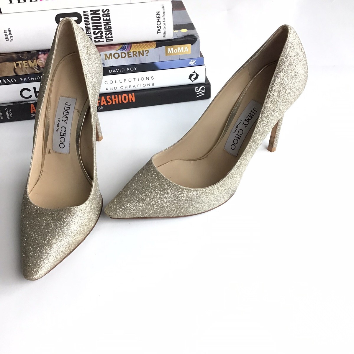 JIMMY CHOO ROMY 100 36½ PLATINUM ICE JIMMY CHOO Romy 100 Platinum Ice Dusty Glitter Pointy Toe