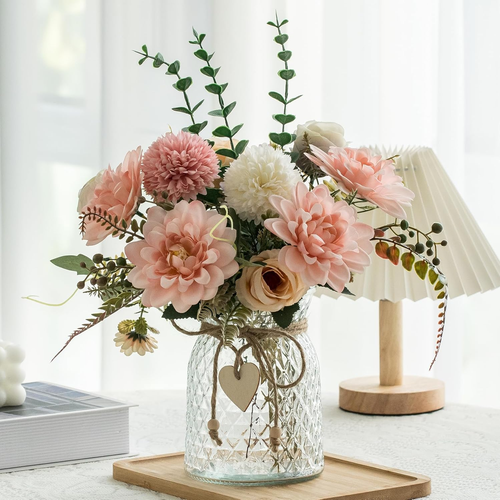 Fake Flowers with Vase – Silk Pink Dahlia Artificial Flowers for Home Decor, Cof - Picture 11 of 12
