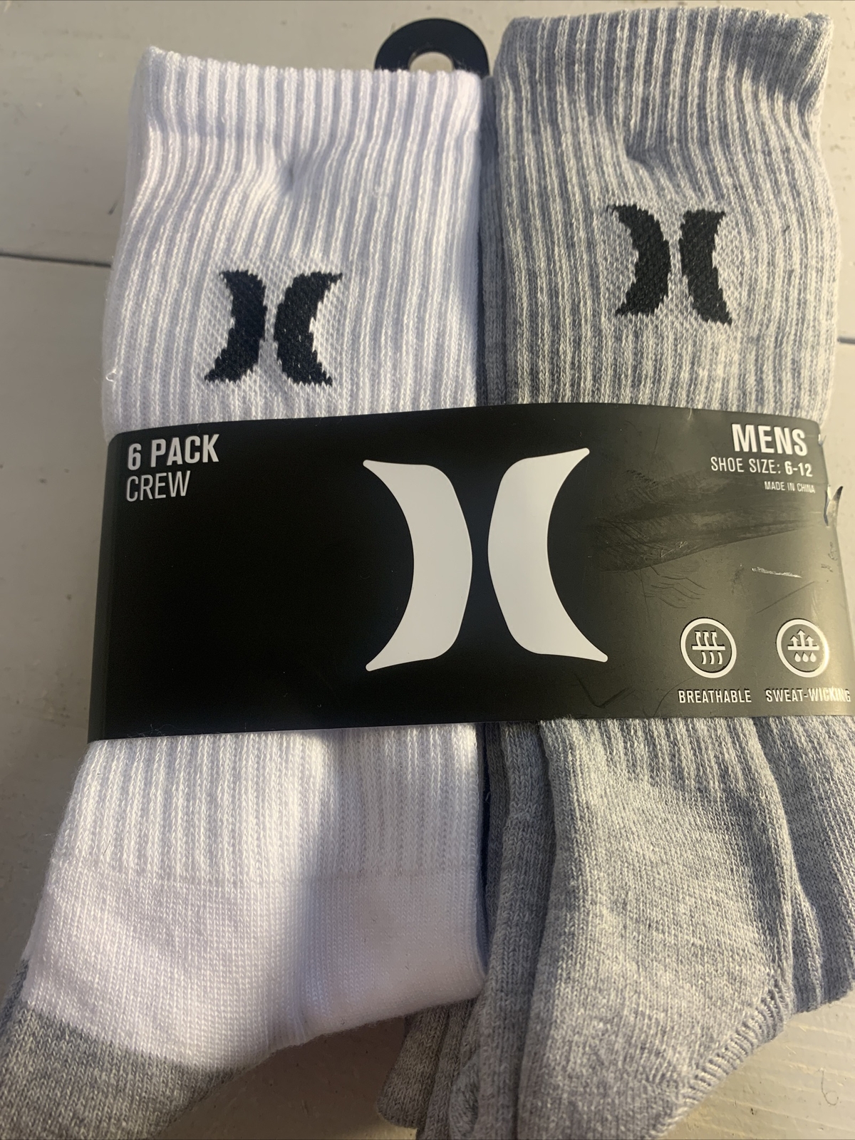 Hurley Crew Socks Men's White Gray Black 6 Pair Polyester Spandex-image
