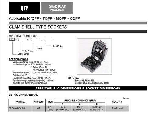 Enplas FPQ-44-0.8-16A TQFP44 IC ZIF Test Burn-in Socket 0.8mm Pitch 44 contacts - Picture 5 of 6