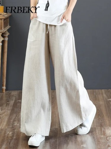 2025 Spring New Linen Loose Casual Wide Leg Trousers Elastic-waisted - Picture 20 of 30