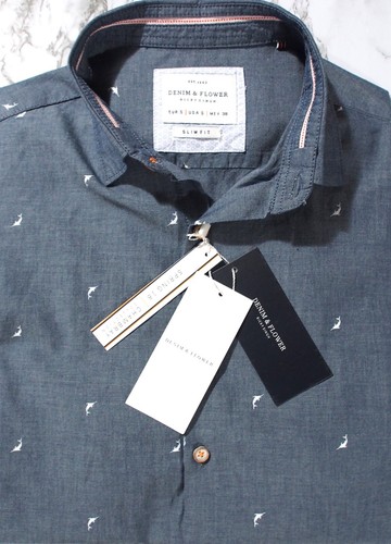 MENS DENIM & FLOWER RICKY SINGH BLUE CHAMBRAY/PRINT SHORT SLEEVE SHIRT SIZE SML - Picture 8 of 8