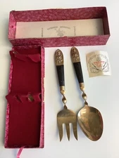 Vintage Bronze Flatware Serving Utensil Wood Twisted Handle Buddha Y Thailand