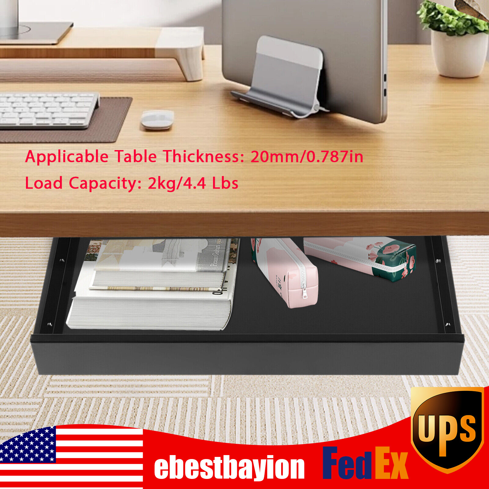 Under Desk Sliding Pull-Out Drawer Storage Organizer for Workspace