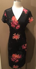 Biaggi M Black Floral Wrap Dress W Short Sleeves & V Neck