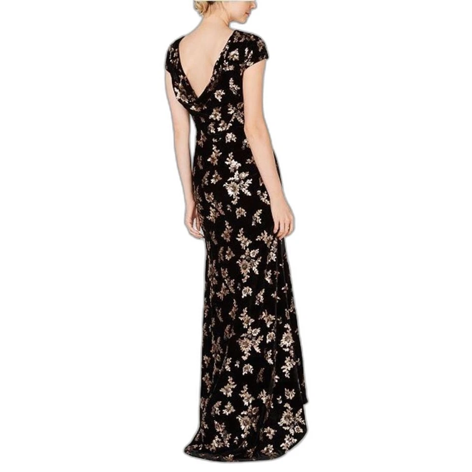 Платье Calvin Klein бархатное с воротником-капотом размер 2 черное бархатное золотистое с цветочными блестками - Изображение 2 из 4