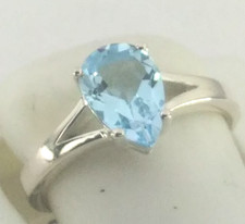 Fancy 925 Sterling Silver - BLUE TOPAZ Gemstone PEAR CUT SOLITAIRE Ring SIZE: 6