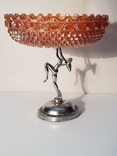 Art Deco Glass Fruit Bowl On Metal Nude Lady Stand Vintage (BC)