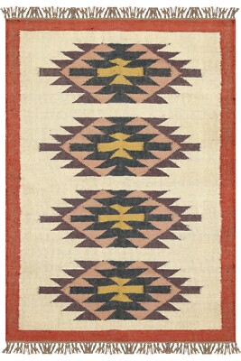 Handwoven Wool Jute Kilim Area Rug Geometric Beige Traditional Carpet