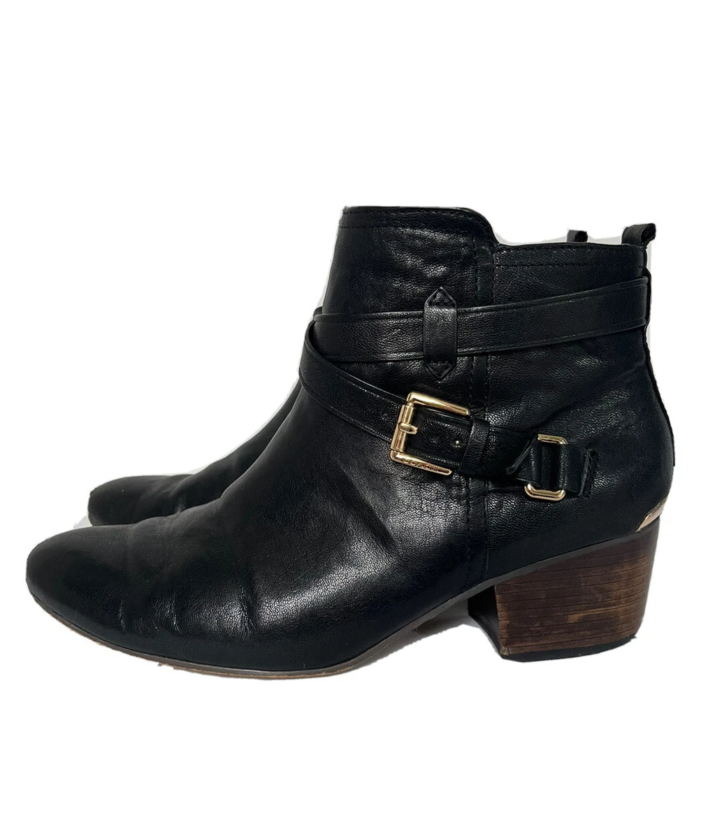 Black Coach Pauline Ankle Boots Sz. 10 Leather Gold Buckles Side