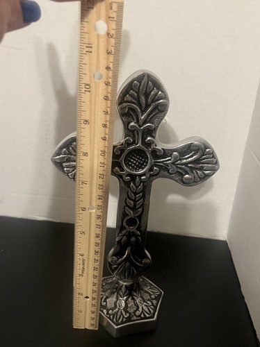 Wohndeko Kreuz Statue silberfarben Metall 10 1/2" hoch Made in India - Bild 5 von 6