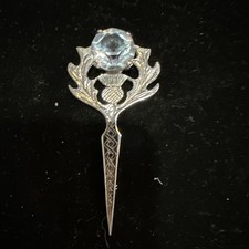 Vintage Scottish Thistle Kilt Pin Brooch w/ Amethyst Glass 3 Silver Tone