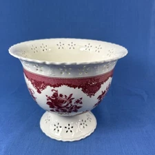 FTD Floral Footed Dish Bowl Red Burgundy Rose Design Flowers 7x5 3/4”VTG