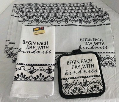 Elegant Place Setting BEGIN EACH DAY W/ kindness Kitchen Towel, Pot Holders, New