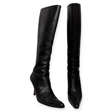 Vintage MANOLO BLAHNIK Black Leather Knee High Boots Pointed Toe Kitten Heel 35