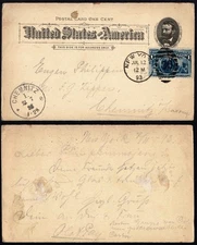 USA 1893 Postal Card, 1c Grant, 10c Add-On Stamp, Chemnitz Germany, Scarce