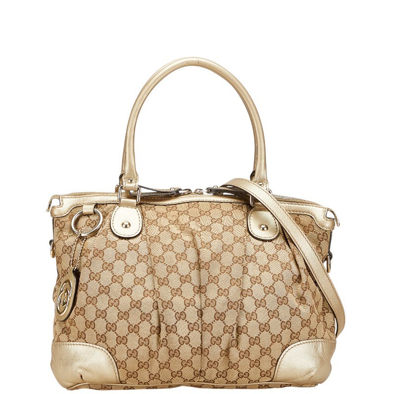 Gucci GG Canvas 2-Way Shoulder Bag Beige Champagne Gold Leather Trim