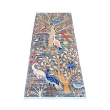 2'8" x 5'8" Gray Peshawar Birds Design Hand Knotted Soft Wool Runner Rug R20267