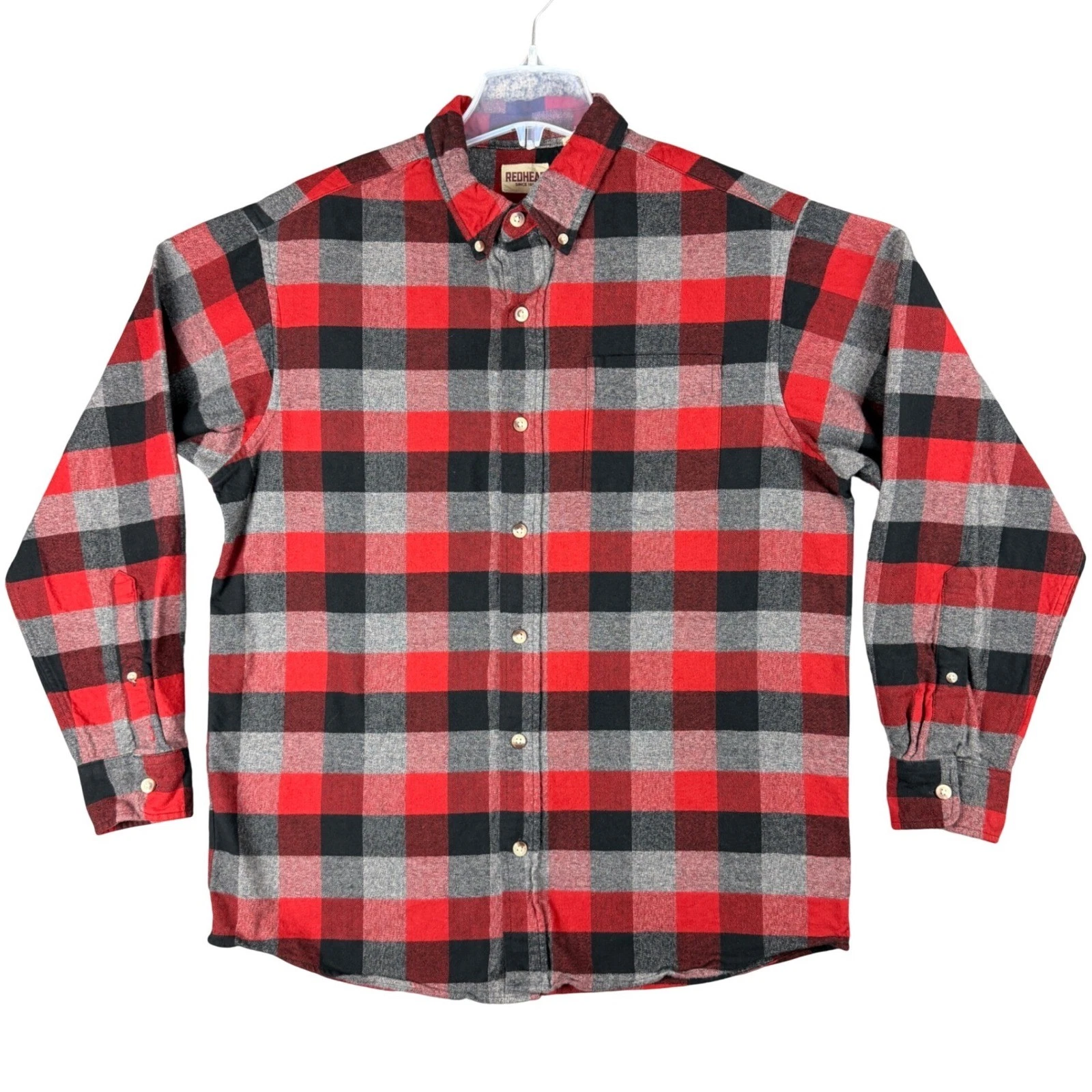 RedHead Mens Large Buffalo Plaid Flannel Shirt Red Black Grey Cotton Gorpcore