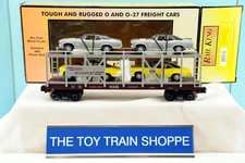 MTH RAILKING 7694 MTH AUTO CARRIER FLATCAR W (4) ERTL 1970 CHEVY NOVA'S. NEW IB.