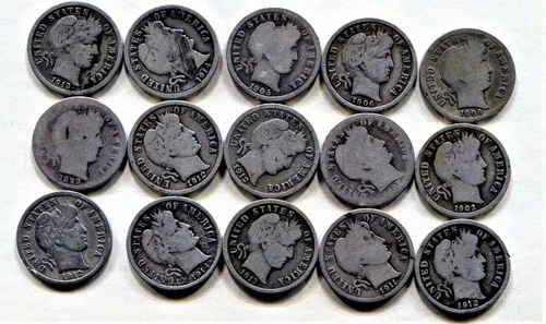 Barber Dimes 1899 - 1914, Lot of 15 coins