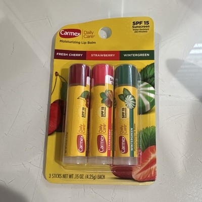 Carmex Daily Care Lip Balm SPF 15 3 Pack Cherry Strawberry Wintergreen 0.15 oz