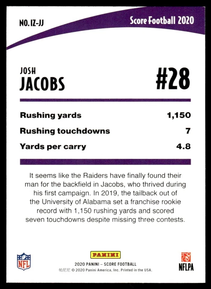 2020 Score In the Zone Josh Jacobs Las Vegas Raiders #IZ-JJ - Image 2 of 2