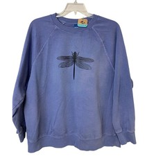 Upcycled Hand Printed Womens Medium Blue Dragonfly Long Sleeve Crew Sweatshirt