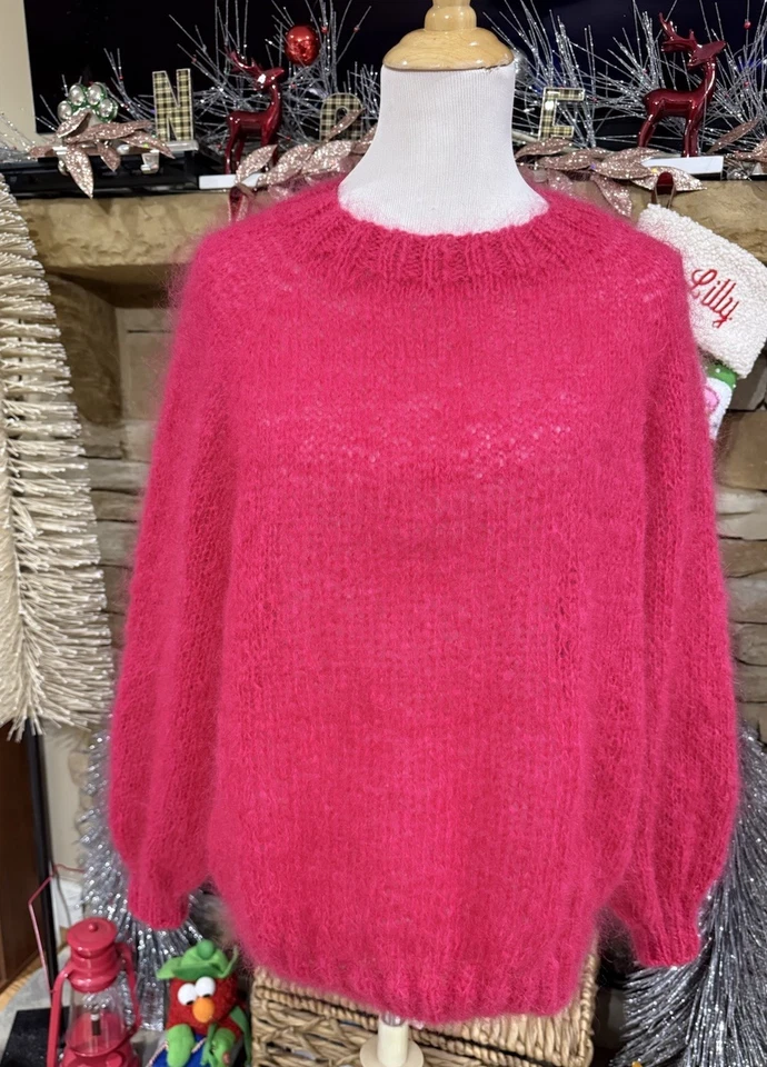 Suéter Pullover Hecho a Mano Para Mujer Tejido a Mano Rosa Caliente Mohair Talla L -XL -1X Foto 4 de 4