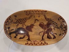 Vintage Hand Carved Wooden Oval Bowl Elephant  Giraffe Silhouette Painted