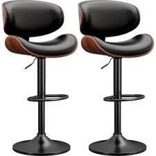 Swivel Bar Stools Set of 2 Adjustable Bentwood PU Leather Upholstered Black