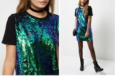 New RIVER ISLAND Green SPARKLY SEQUIN Front & Black T-Shirt Dress Size 16