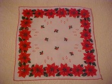 Vintage Hanky with Border of Red Poinsettias  White Candles