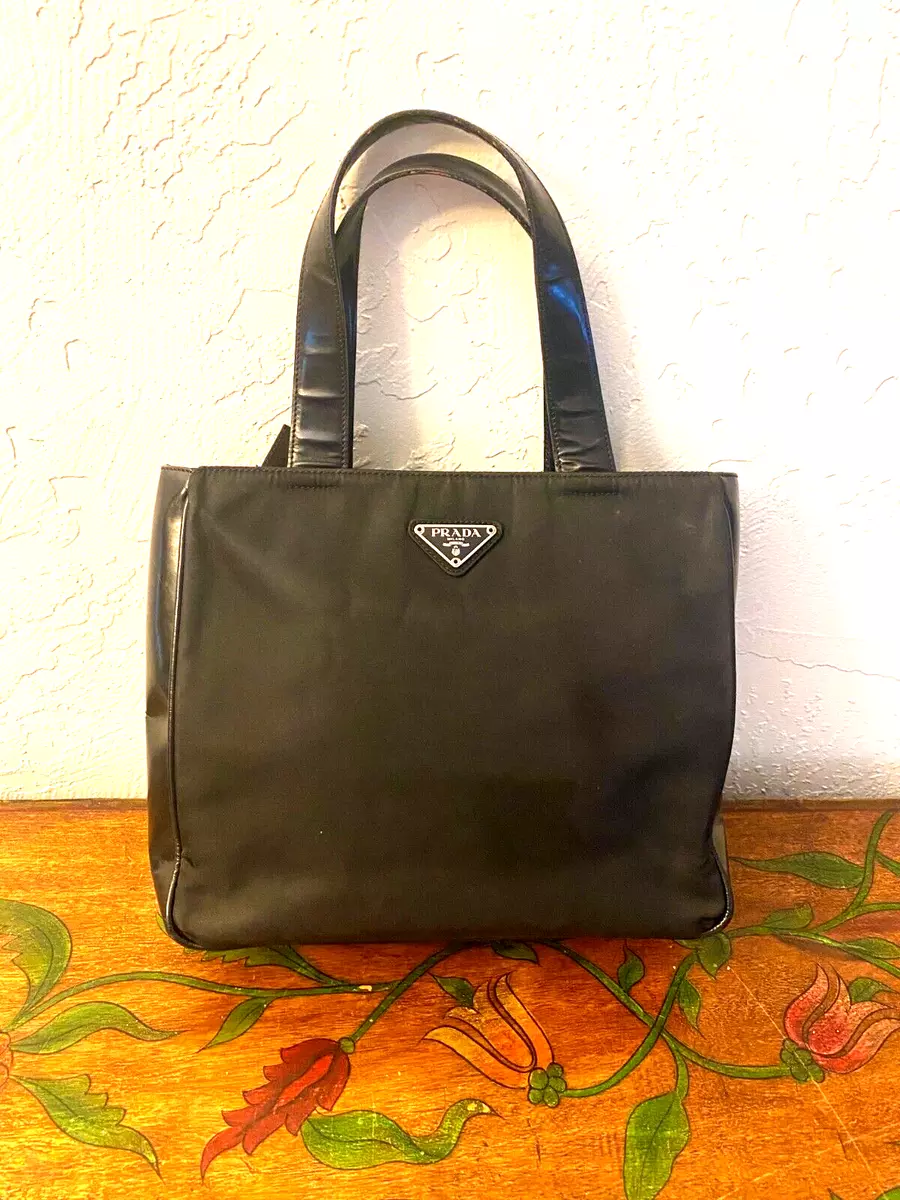 PRADA Small BLACK TESSUTO LIGHT NYLON & Borsa Leather Square TOTE #31 Authentic!