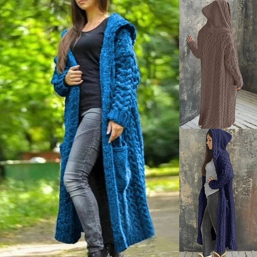 Abrigo cárdigan tejido con capucha manga larga suéteres cálidos chaqueta talla grande para damas - Imagen 4 de 29