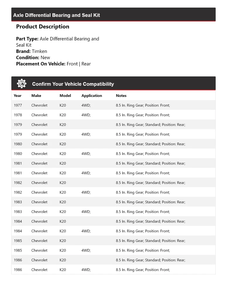 适用于 1977 - 1986 雪佛兰 K20 轴差速轴承和密封套件 铁姆肯 1978 — 第 2/3 张图片