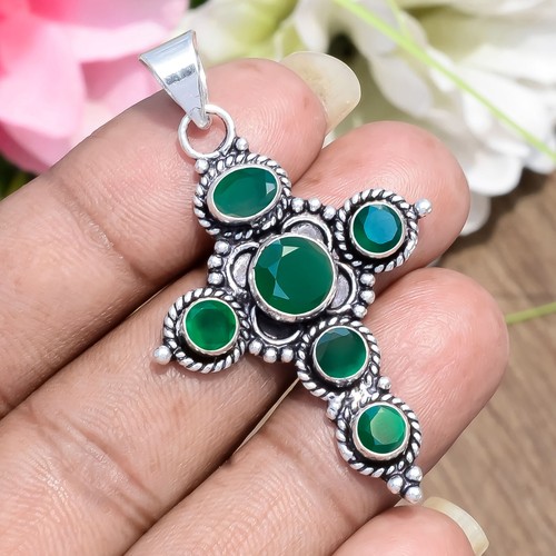 Green Onyx Gemstone Pendant 925 Sterling Silver Cross Jewelry Gift For Husband - Picture 6 of 8