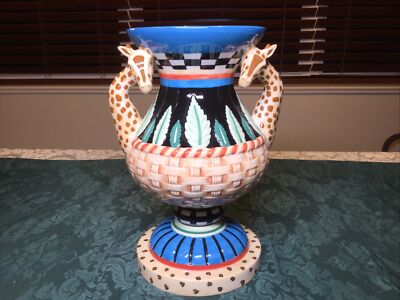SAFARI WHIMSY Giraffe Head Handle 12   Tall Multi Color Urn Vase CBK 2000