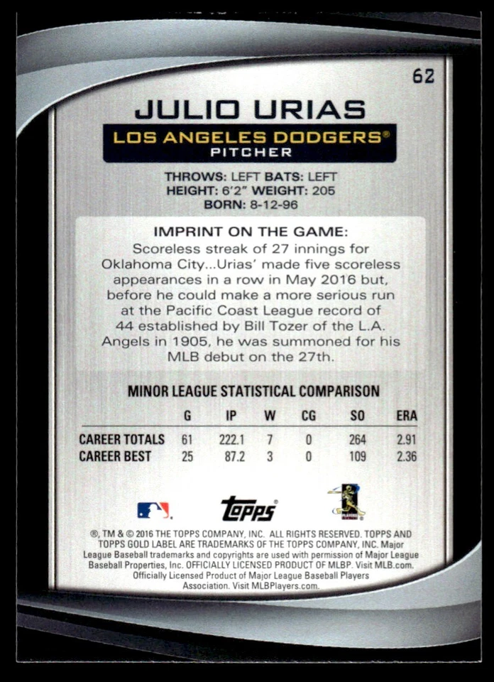 2016 TOPPS GOLD LABEL ROOKIE CLASS 2 JULIO URIAS - Image 2 of 2