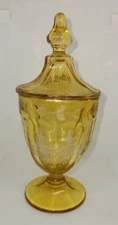 Vintage etched marigold carnival glass pedestal candy dish