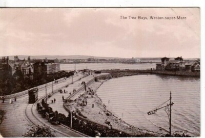 WESTON-SUPER-MARE - DIE ZWEI BUCHTEN MIT STRASSENBAHNEN S/W POSTKARTE (1913)