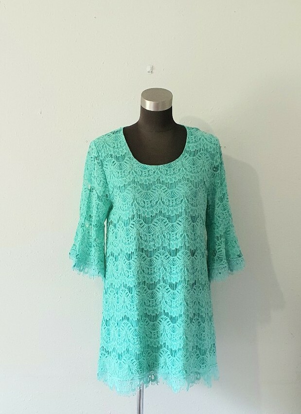 lady noiz dresses Women's Aqua Lined Lace Dress Size Medium 3/4 Sleeves Mini Dress Tunic High Quality mix metal