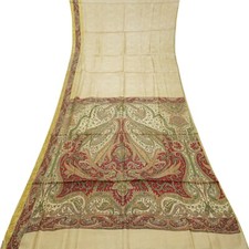Vintage Beige Sarees 100 Pure Silk Printed Zari Border Sari 5YD Craft Fabric