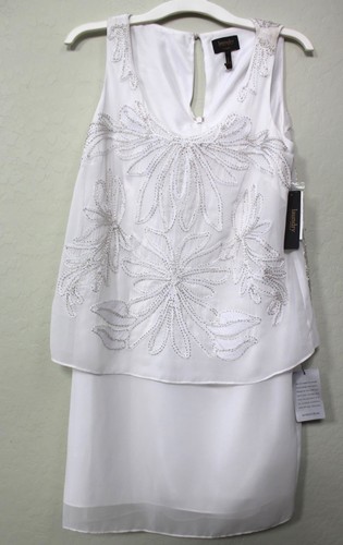 Laundry Shelli Segal schillerndes Perlen Chiffon Popover Kleid weiß Gr. 6 NEU - Bild 1 von 10