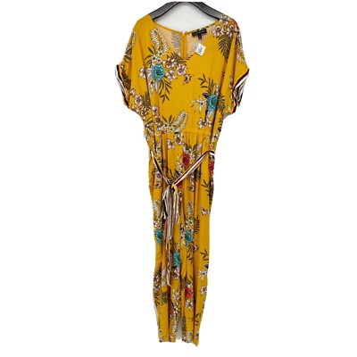 Lane Bryant Womens Jumpsuit Size 20 Yellow Floral Tie Waist V Neck Tapered Leg