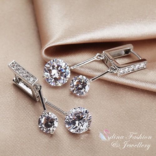 18K White Gold Plated Cubic Zirconia Extra Sparkling Square Huggie Earrings - Picture 5 of 5