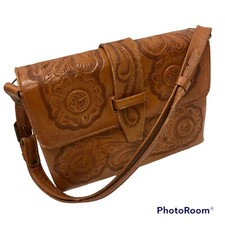 Vtg 70's Brown TOOLED CARVED Floral Leather Hand Bag Hippie Western BoHo Purse